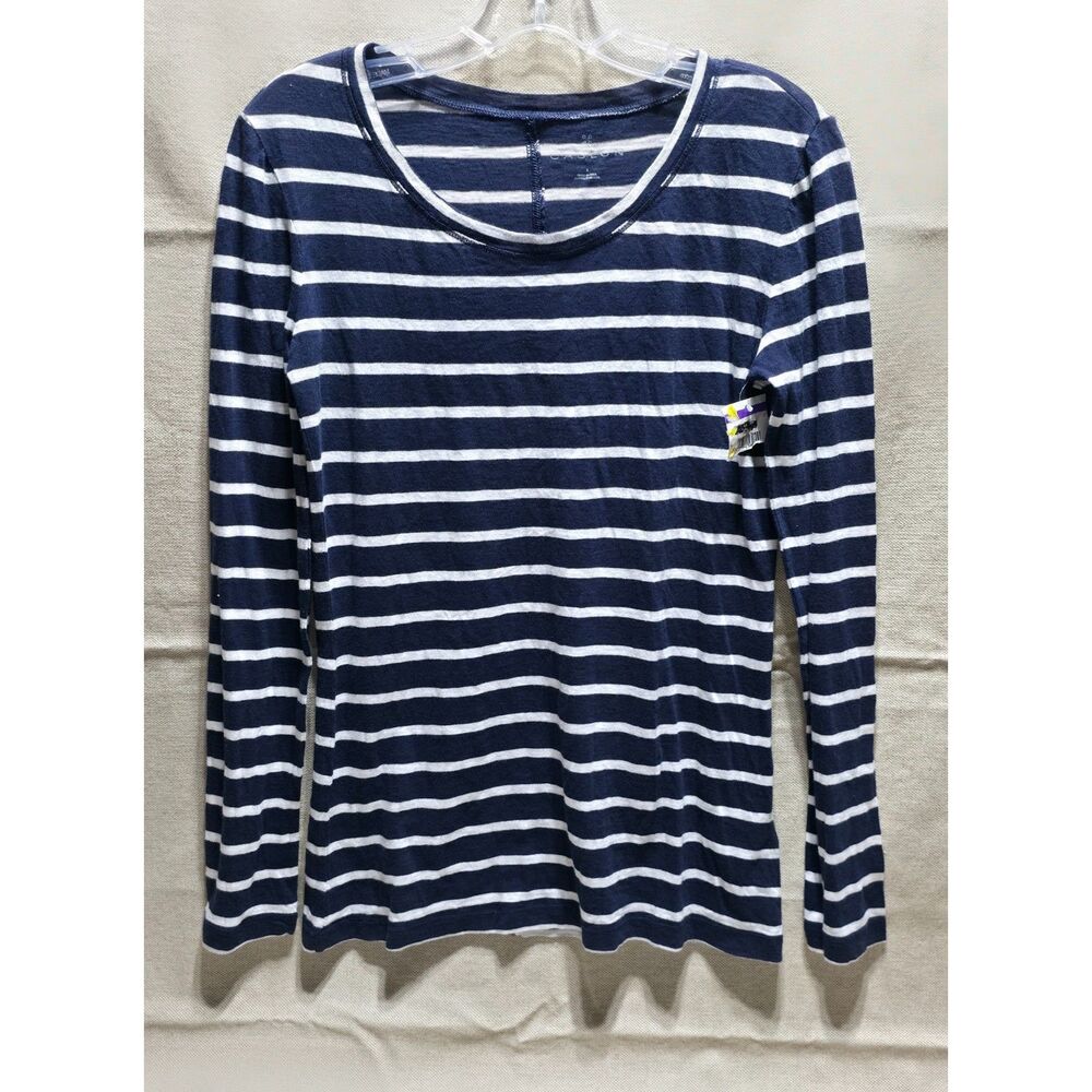 NWT Caslon Women's Navy Blue & White Striped Long Sleeve Crewneck Tee - Small